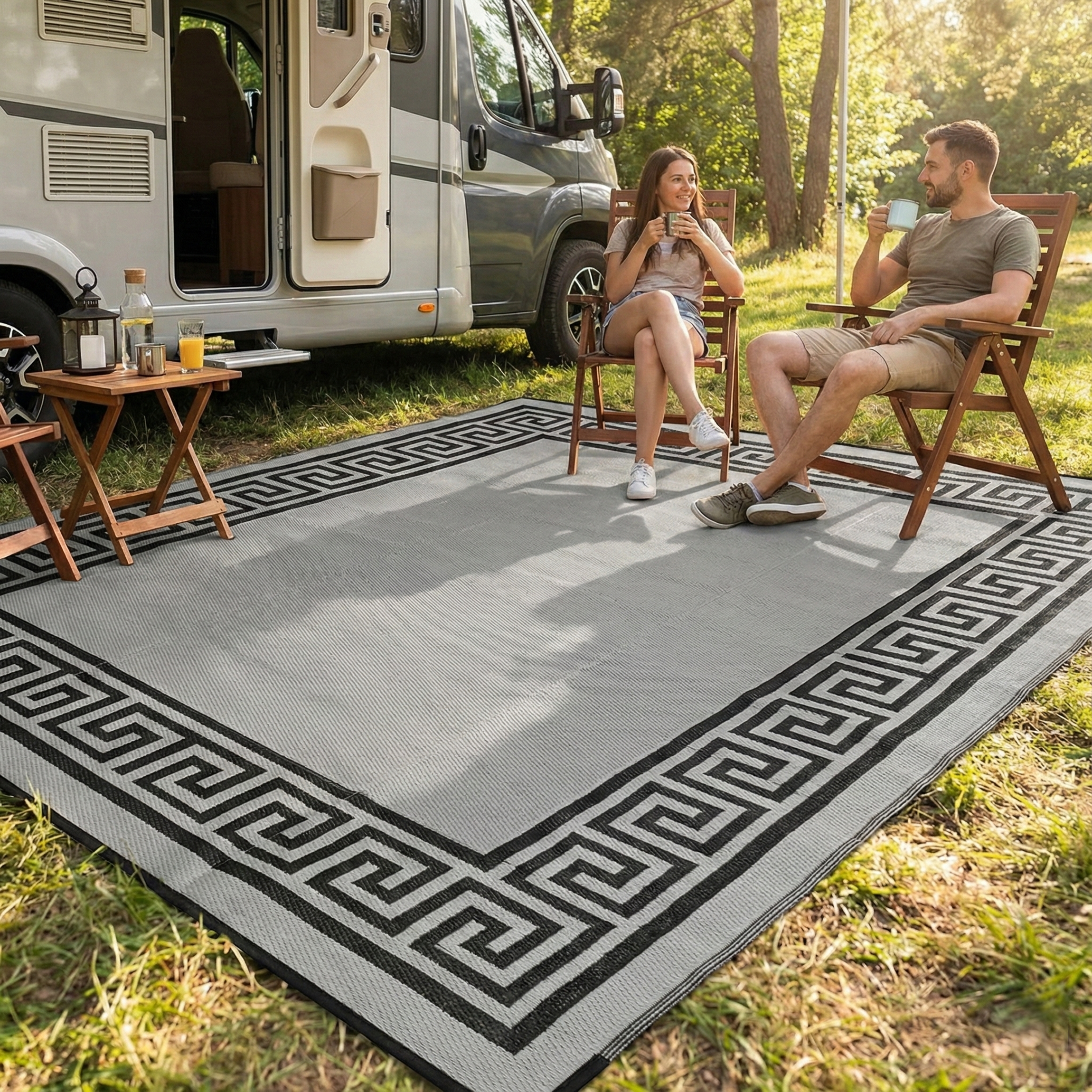 Lifestyle view of couple in camp chairs on black and ivory foldable outdoor rug by camper